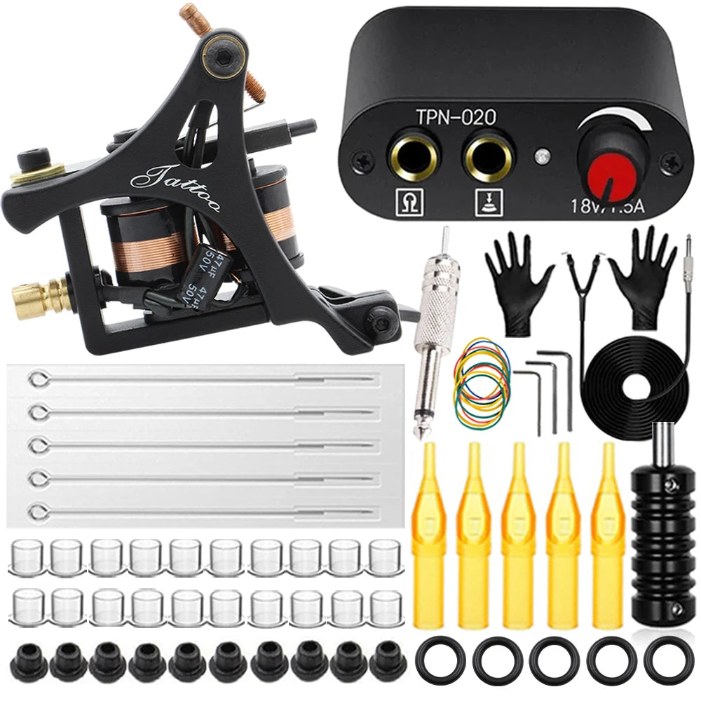 Complete Tattoo Machine Kit Coil Tattoo Machine Set Tattoo Beginner Power Supply Grip Body Art Tools Permanent Makeup Tattoo Set by Geo’s Online Store