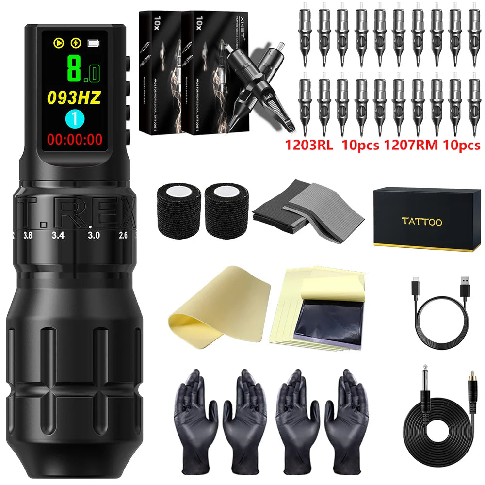 T-Rex Wireless Tattoo Machine Rotaty Pen Kit Adjustable Stroke Custom Motor 1800mAh LCD Screen Battery Makeup Pen For Tattoo Set by Geo’s Online Store