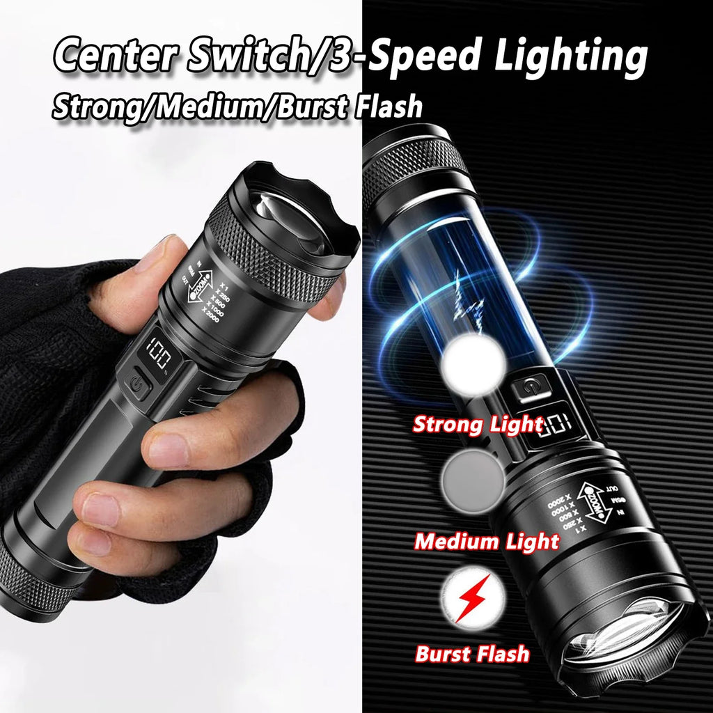 Rechargeable LED Flashlight Zoomable Torch with LCD Display 3 Modes Waterproof High Power Hand Light Outdoor Wilderness Camping by Geo’s Online Store