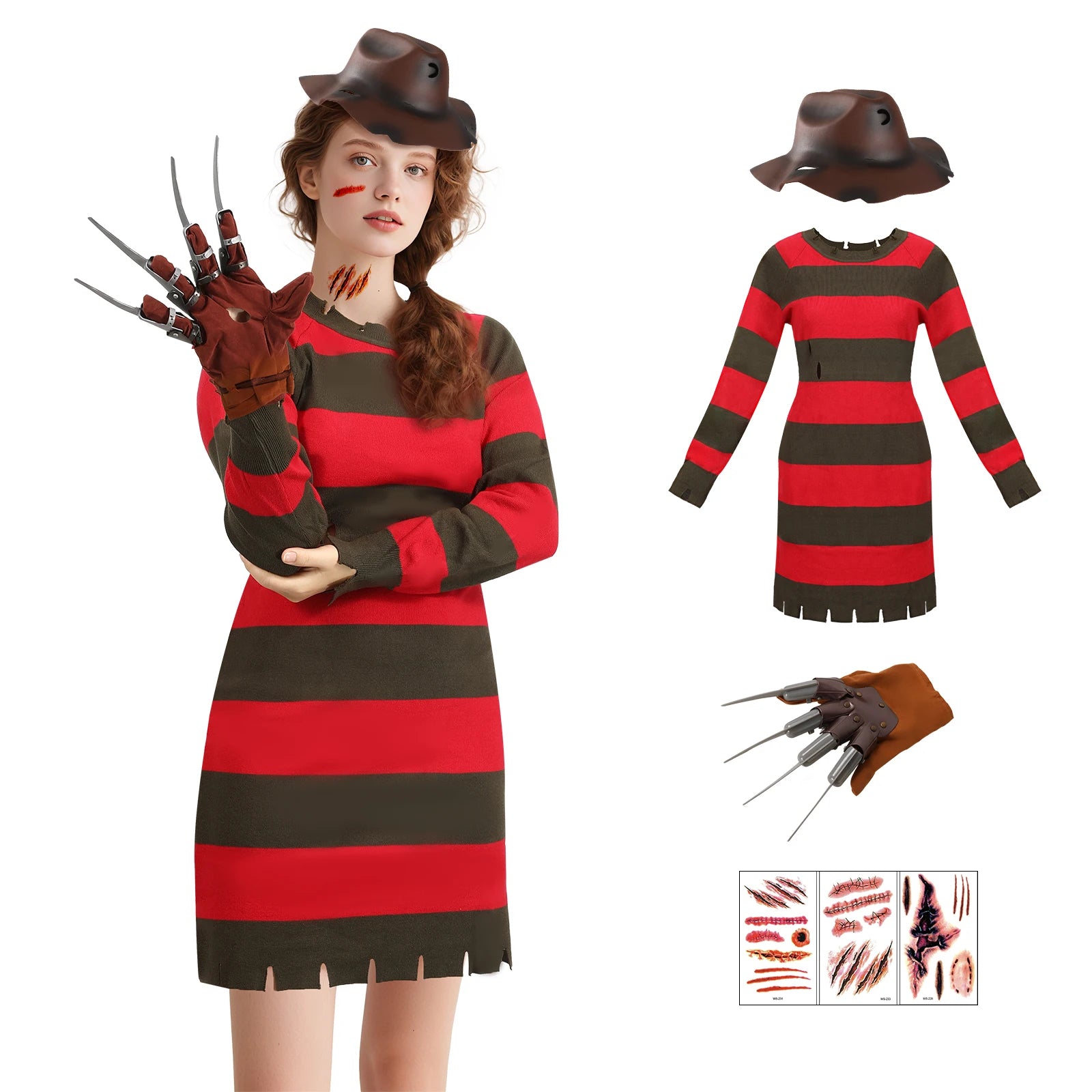 4Pcs Freddy Krueger Costume Women Halloween Nightmare Killer Knitted Dress Hat Gloves Scar Stickers Carnival Costume by Geo’s Online Store