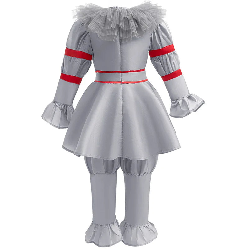 Kids Scary Joker Pennywise Cosplay Costume Horror Ghost Movie It Puff Sleeve Tulle Collar Top With Pants For Halloween Carnival by Geo’s Online Store