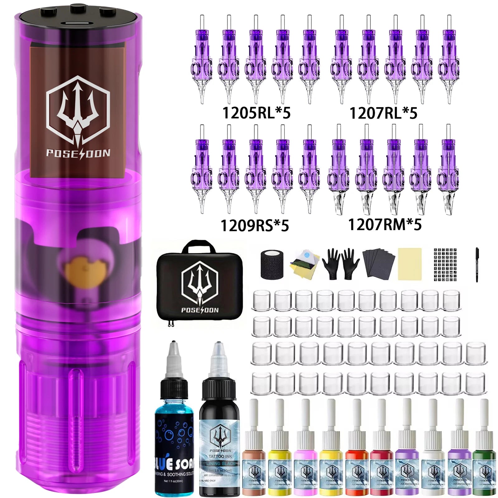 Tattoo Kit POSEIDON High Power Tattoo Pen Kit For Permanent Makeup Tattoo Machine Kit Hot Purple Tattoo Power Supply Tattoo Gun by Geo’s Online Store