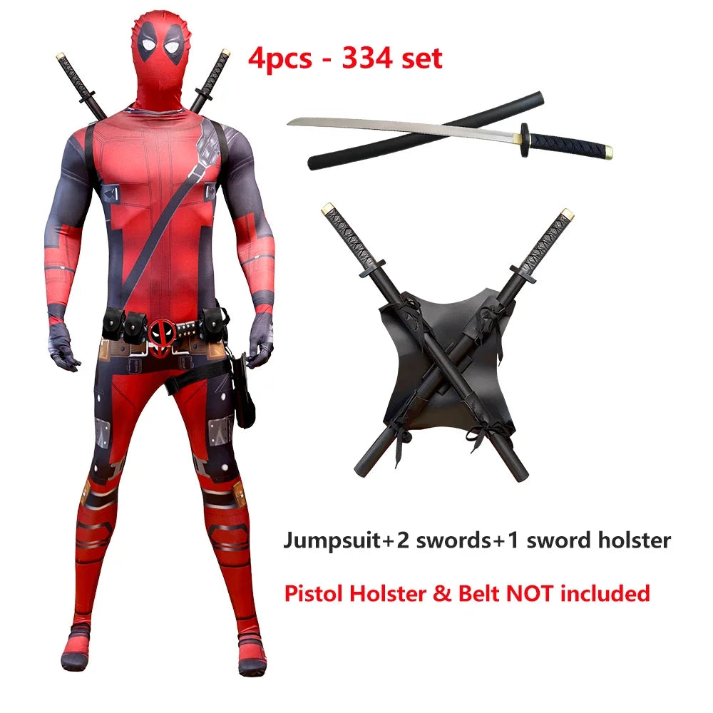 Deadpool Child Costume Halloween Costumes Kids Men Adult Superhero Bodysuit Jumpsuit Children Cosplay Costume Swords Accessories by Geo’s Online Store