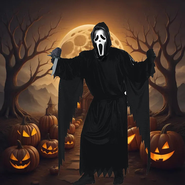 Scream Ghostface Cosplay Costume Horror Movie Mask Robe Outfit Adult Halloween Carnival Party Fancy Dress Role Play Suit by Geo’s Online Store
