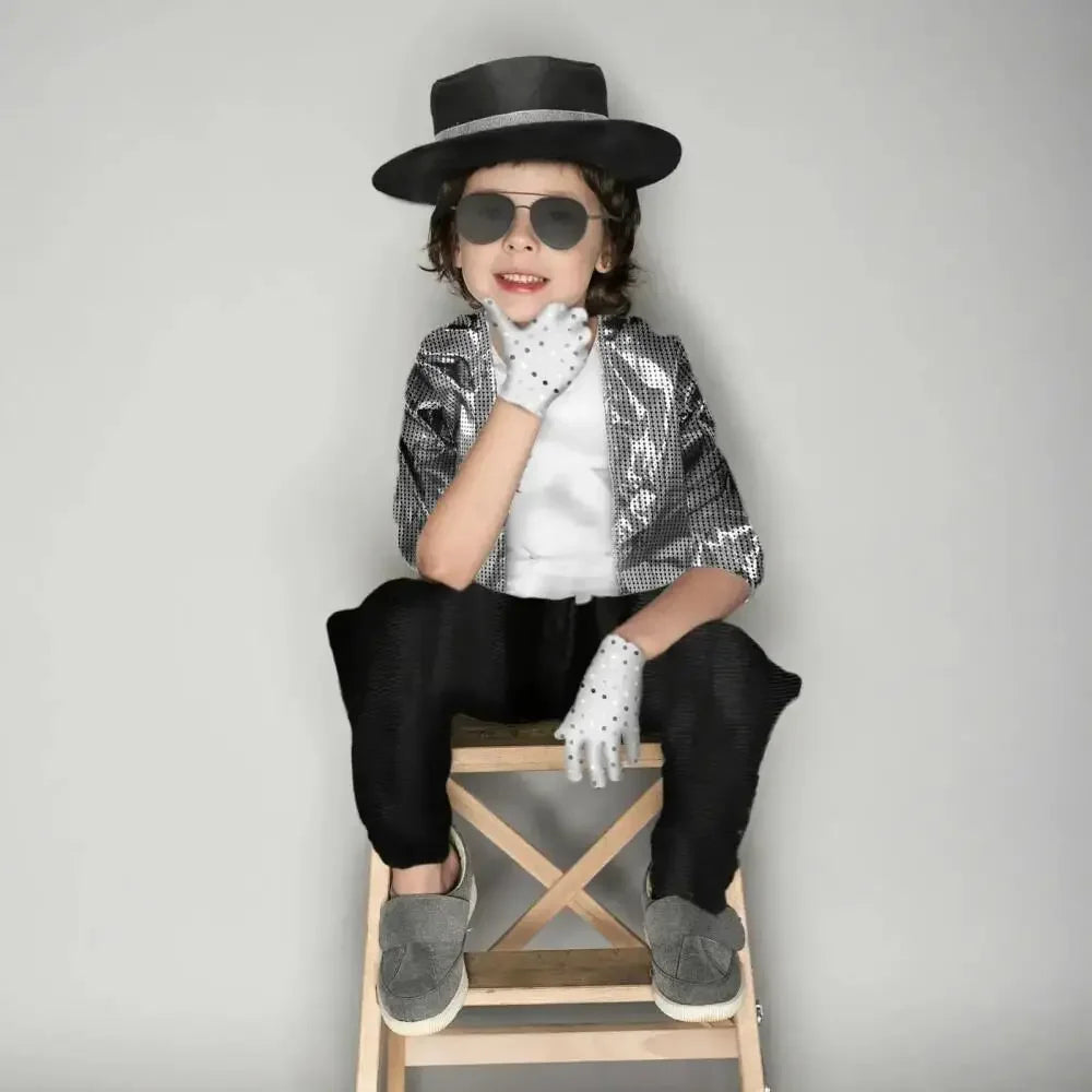 Kids Boy Michael Jackson Billie Jean Cosplay Black Suit Dance Disco Halloween Fancy Dress Up 80s Pop King Costume for Top Pants by Geo’s Online Store