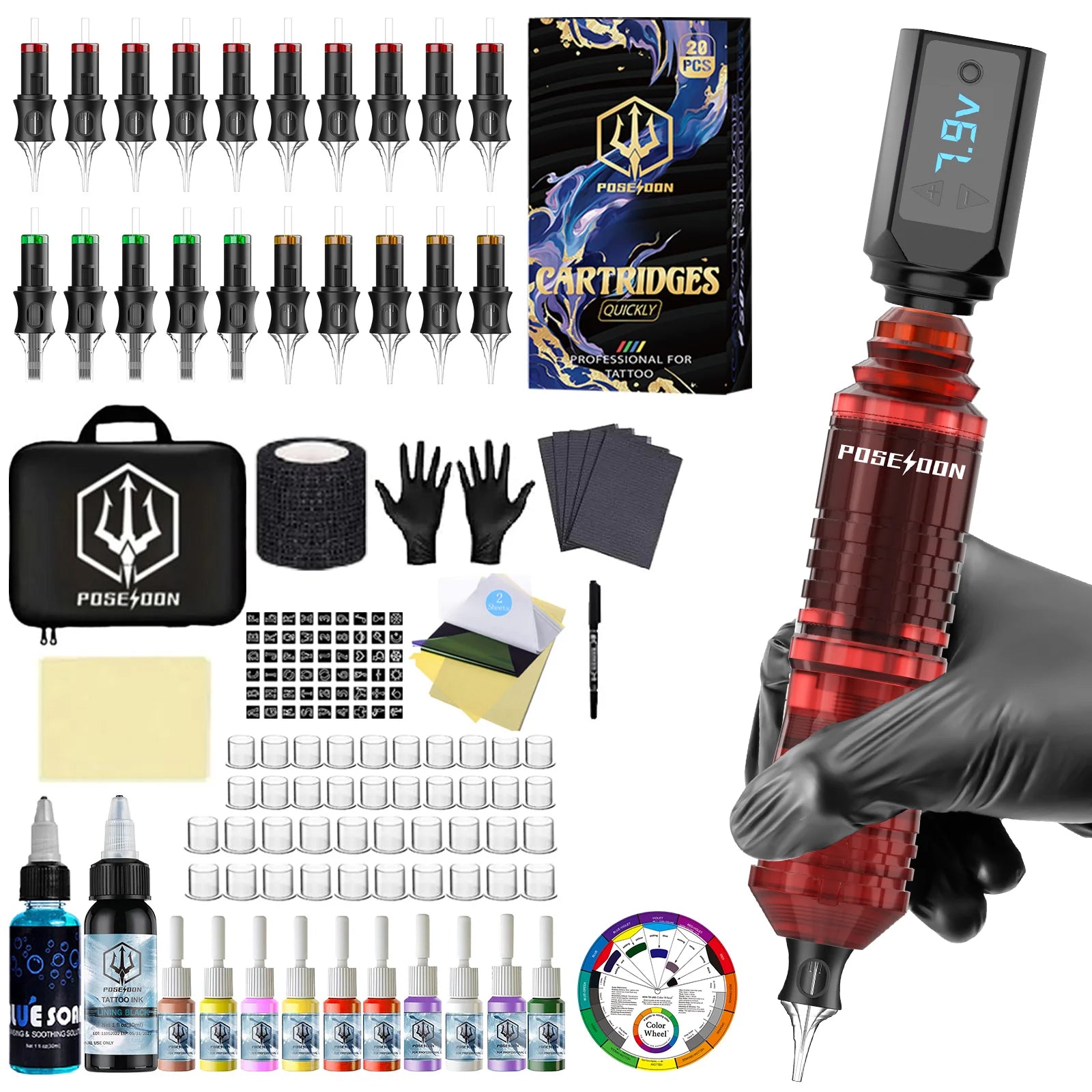 POSEIDON Tattoo Kit V5 Tattoo Pen Kit For Permanent Makeup Tattoo Machine Kit New Red Wireless Tattoo Power Supply Tattoo Gun Ki by Geo’s Online Store