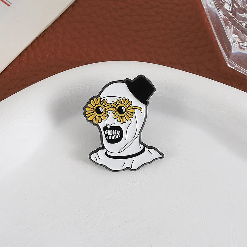 Terrifier Clown Enamel Pin Sunflower Sunglasses Horror Clown Killer Movie Halloween Brooch Lapel Badge Jewelry Gifts For Friends by Geo’s Online Store