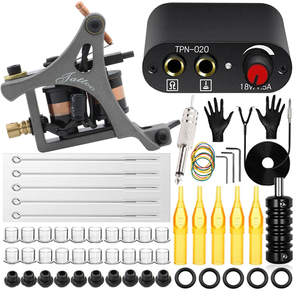 Complete Tattoo Machine Kit Coil Tattoo Machine Set Tattoo Beginner Power Supply Grip Body Art Tools Permanent Makeup Tattoo Set by Geo’s Online Store