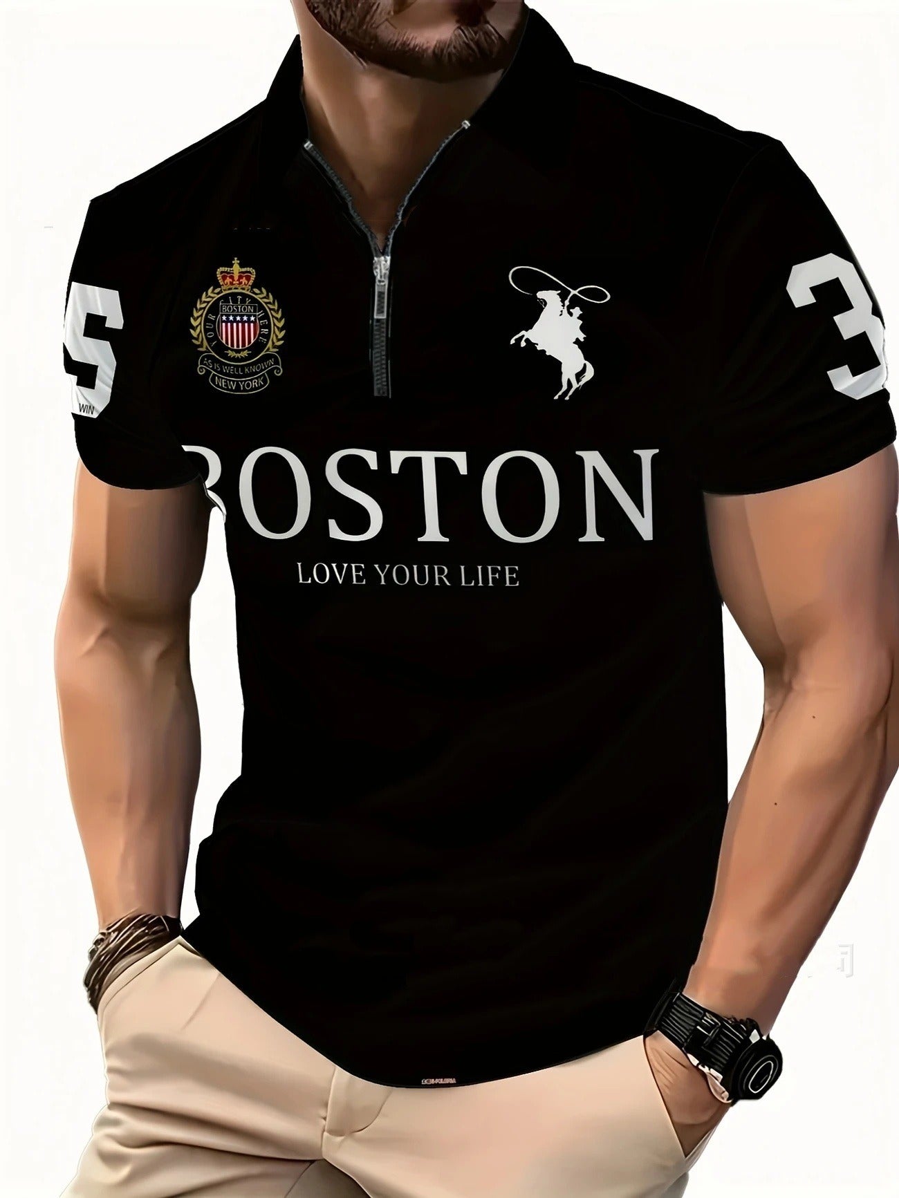 Men's 3D Digital Print Zip-Up Polo Shirt by Geo’s Online Store
